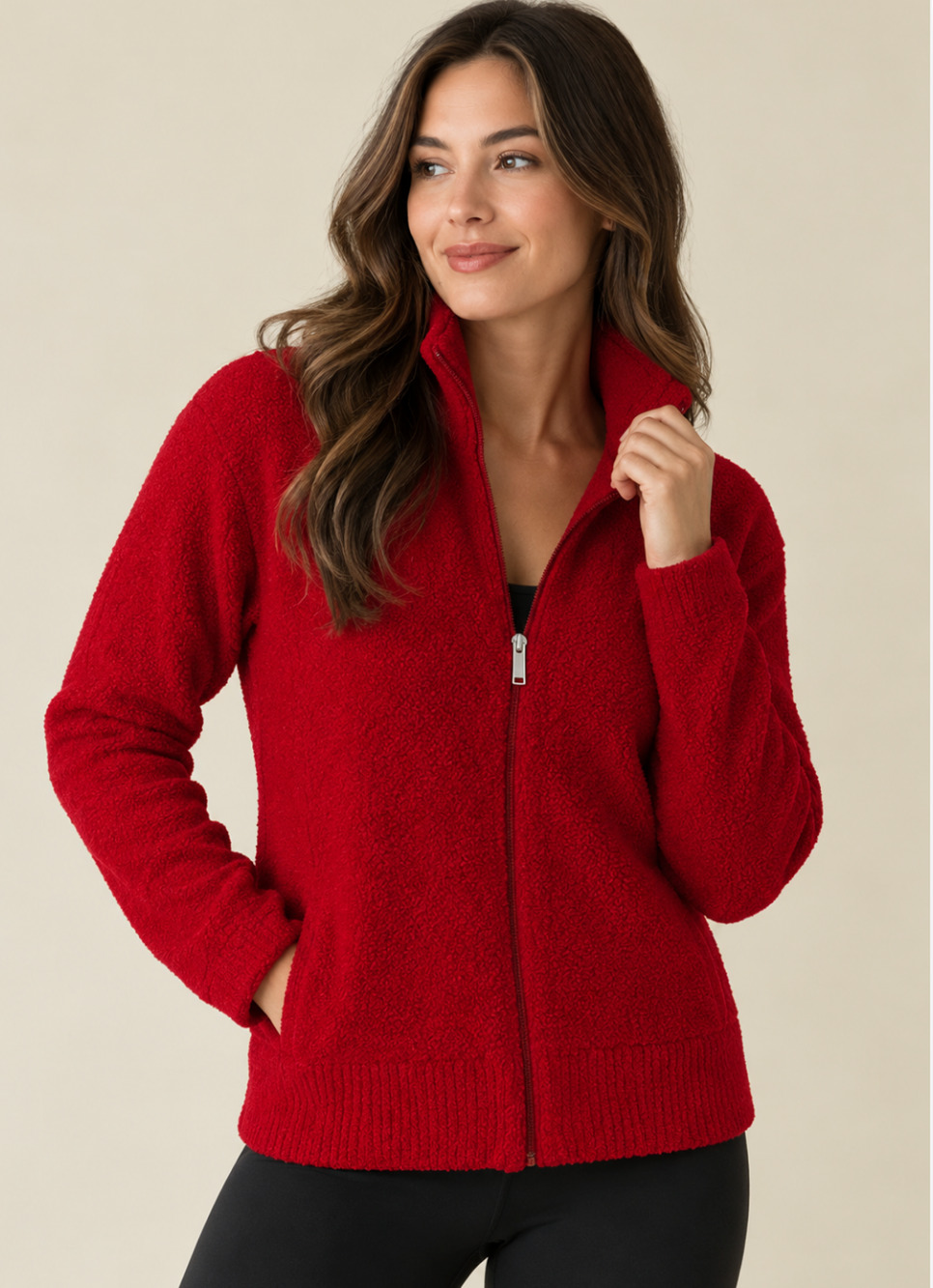 NEW KASHWERE RIO RED FULL ZIP CHENILLA FINE JACKET TOP SZ L